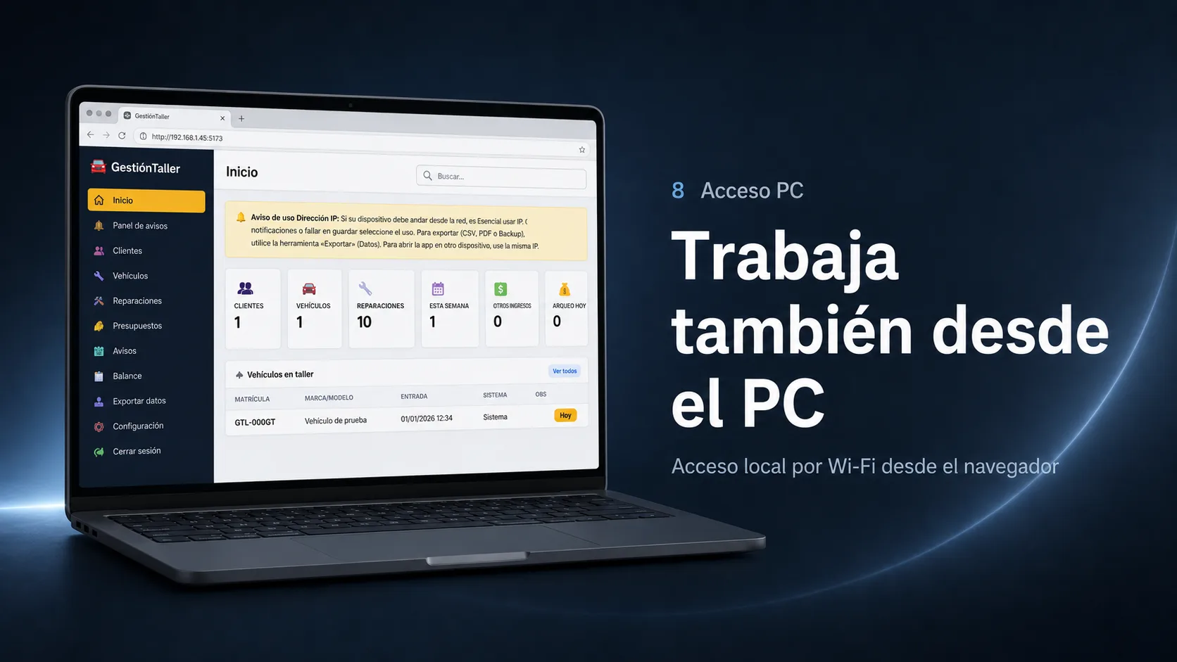Gestión Taller abierto en el navegador de un PC dentro de la misma red WiFi del taller, con el panel de inicio y el listado de vehículos.