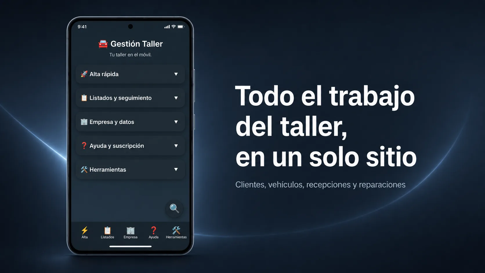 Pantalla de inicio de Gestión Taller con los accesos a alta rápida, listados, empresa, ayuda y herramientas.