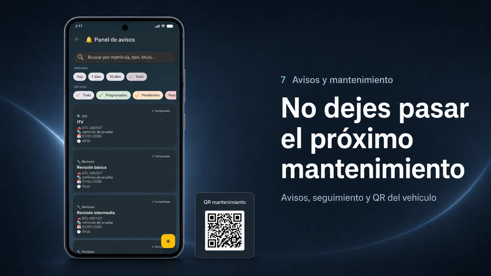 Panel de avisos de Gestión Taller con revisiones programadas y un código QR de mantenimiento del vehículo.