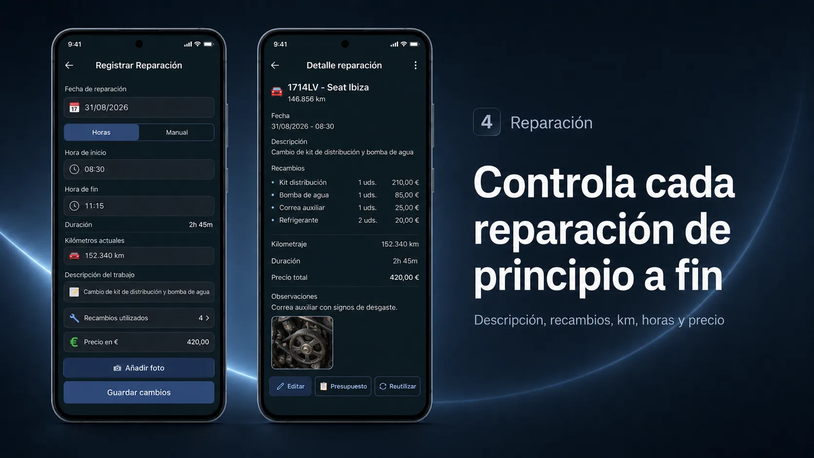Formulario para registrar una reparación con horas y kilómetros, junto al detalle de una reparación con sus recambios y precio total.